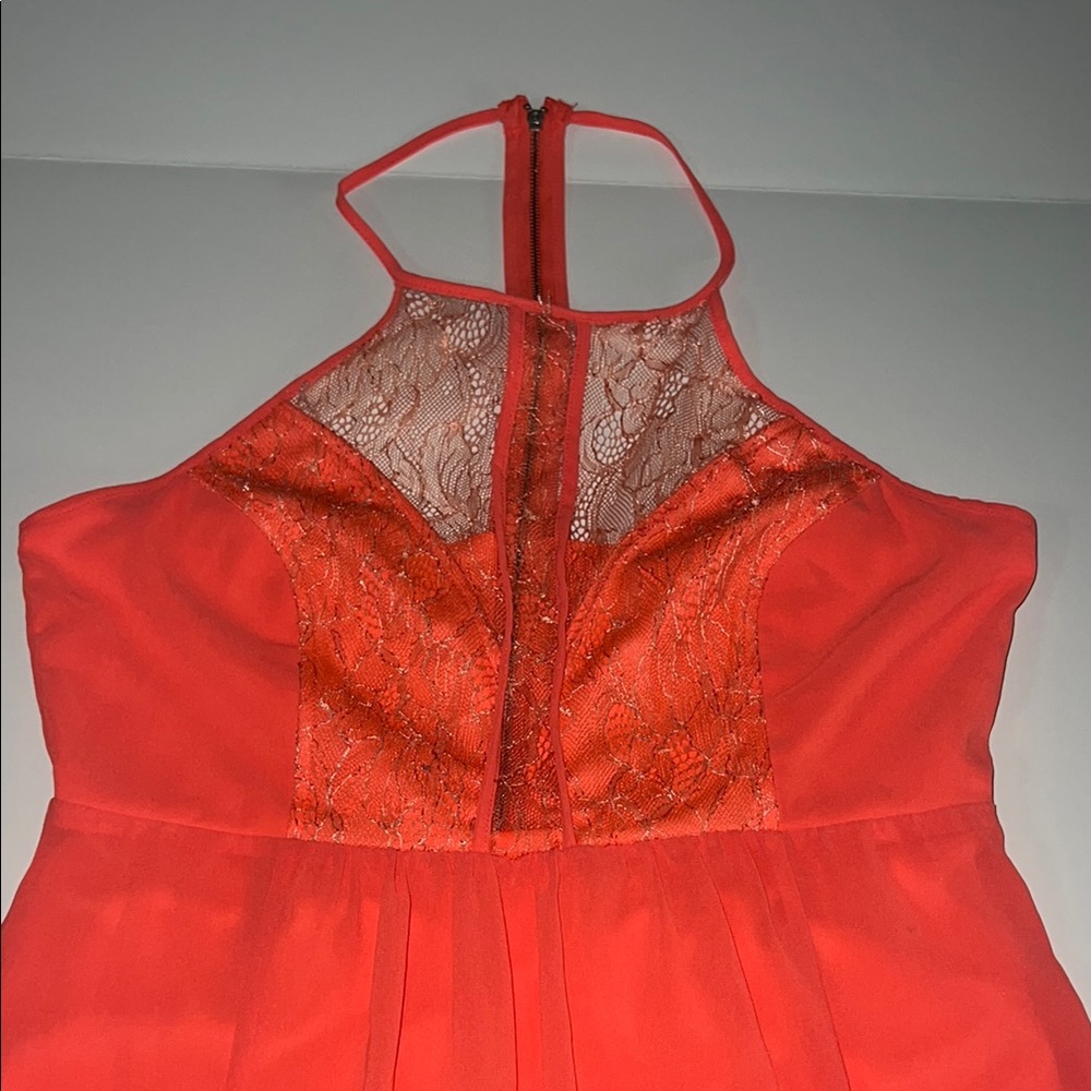 Elegant Red Halter Dress with Lace Detail
